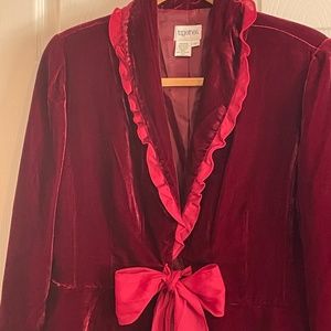 Burgundy velvet blazer with sheer ruffle trim and tie close size 10